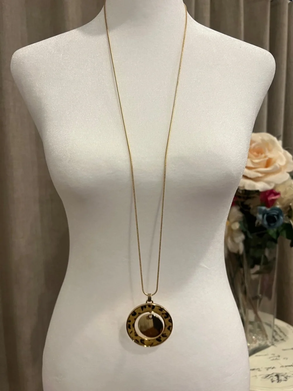 Nine West Gold Long Pendant Necklace with Leopard Ring Accent - Picture 3 of 7